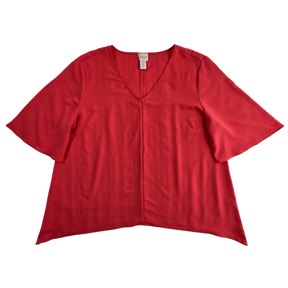 Chico's V-Neck Flutter Sleeve Blouse Women Size 2 Red EUC Ladder Stitch Detail